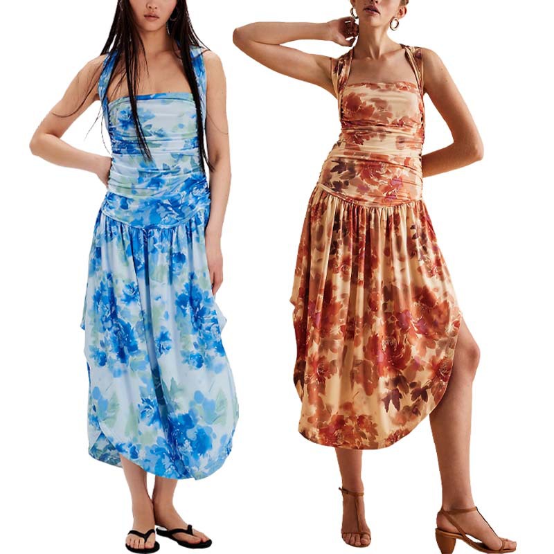 Women's Casual Floral Print Floor-Length Dress with Natural Waistline and Chiffon Fabric for Summer Parties