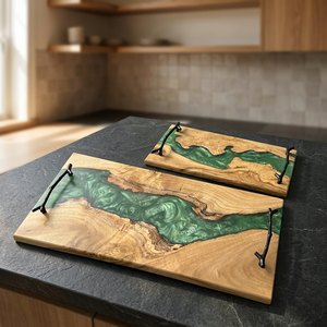Ensemble de plateaux de service rectangulaires en bois et résine époxy avec logo personnalisé, motif floral, multi-pièces, pour la maison, l'hôtel, le restaurant, exportation Falak World - Product Image 1