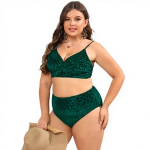 Conjunto de Bikini de Dos Piezas con Tirantes Ajustables y Estampado de Leopardo Verde para Chicas Gorditas Europeas y Americanas, Talla Grande - Product Image 1