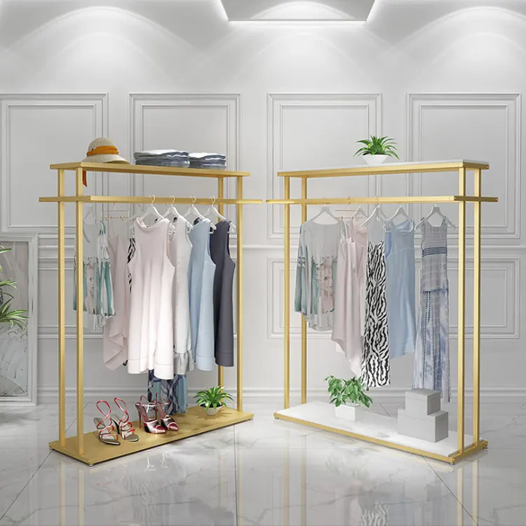 Oro de alta calidad de muebles de estante de ropa de pantalla estante diseño para tienda de ropa