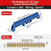 Bloc de bornes sur rail DIN en laiton à vis bleu 8, 10, 12, 14, 16 broches, blocs terre et neutre