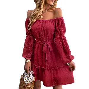 New arrival summer off shoulder women dress solid color Long Sleeve Belt casual sexy party dress for young ladies