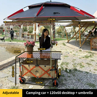 Chariot de camping pliable à quatre roues avec table réglable en hauteur et toit pare-soleil pour le shopping et le rangement
