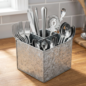 Wholesale Rustic Galvanized Metal Utensil <b>Caddy</b> with 3 Compartments Silverware Organizer for <b>Kitchen</b> Countertop Cutlery Holder - Product Image 4
