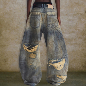 YUCE - Jeans Anchos Retro <span class=keywords><strong>de</strong></span> Mezclilla Gruesa al por Mayor, Jeans <span class=keywords><strong>de</strong></span> Mezclilla <span class=keywords><strong>de</strong></span> Alta Calidad con Lavado Vintage, Rotos, Estilo Urbano para Hombre - Product Image 2