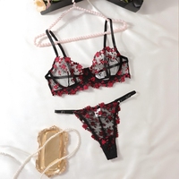 Ensemble de lingerie sexy pour femmes, 2 pièces, léger, broderie florale, maille transparente, soutien-gorge et string, taille XL, romantique, séduisant, bretelles réglables