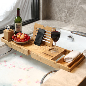<span class=keywords><strong>Combo</strong></span> de bandeja de desayuno para baño <span class=keywords><strong>Caddy</strong></span>-Bañera y cama impermeables de madera de bambú natural con tobogán plegable - Product Image 2