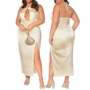 Personnalisé Plus Size Femmes Dos Nu Fendu Cuisse Sexy Découpé Halter Long Satin Casual D'été Demoiselle D'honneur Dames Fête Robe De Soirée