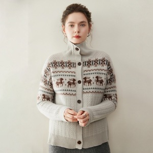 Cardigan en cachemire pour femme, collection hiver, vente en gros, usine, mélange de laine jacquard, manteau tricoté, fermeture éclair, col montant épais, pull en cachemire - Product Image 1