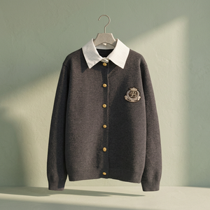 Women's Dark Gray Preppy Style Shirt Collar Knitted <b>Cardigan</b> Embroidery Logo Long Sleeve Anti-Pilling Conventional Thickness - Product Image 2