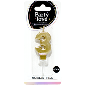 Bougie d'anniversaire dorée numéro 3 Party Love 4,5 cm Vela Candles - Product Image 1