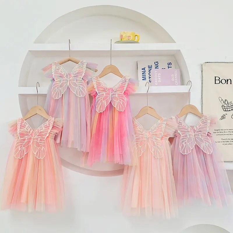 kids tulle rainbow girl dresses for Wing Mesh Summer Flying Sleeves Baby Princess Fluffy Skirt wholesale