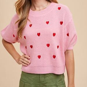 Женский зимний свитер с коротким рукавом, круглым вырезом, повседневный, из полиэстера/хлопка, с вышитым на груди логотипом в виде сердца, ручной вязки - Product Image 1