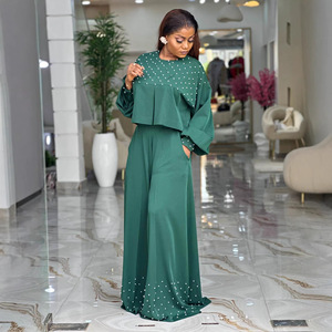 Ensemble long élégant pour <span class=keywords><strong>femme</strong></span>, style européen et américain, nouvelle collection été 2026, haut à col rond perlé et manches lanternes, <span class=keywords><strong>pantalon</strong></span> large, 100 % polyester - Product Image 2