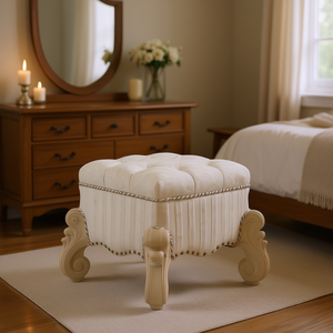 Sgabello da toeletta bianco avorio e osso con finiture a borchie per tavoli da trucco, design tradizionale, rivestimento in tessuto - Product Image 2