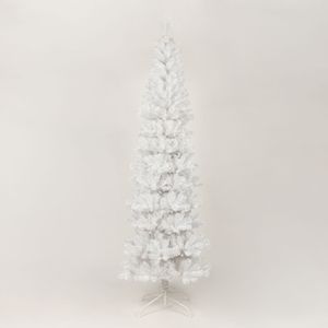Sapin de Noël artificiel blanc mince pré-éclairé 7,5 pieds, lumières LED chaudes, design moderne, support métallique pliable, décoration intérieure pour les fêtes - Product Image 1