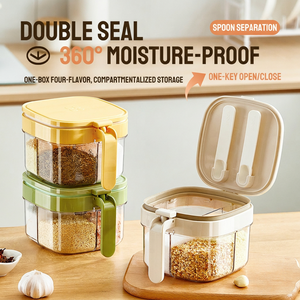 Boîte à épices transparente à 4 compartiments avec couvercle hermétique en silicone et cuillère, empilable, pour rangement d'assaisonnements, modèle 95 Standing pour la cuisine - Product Image 1