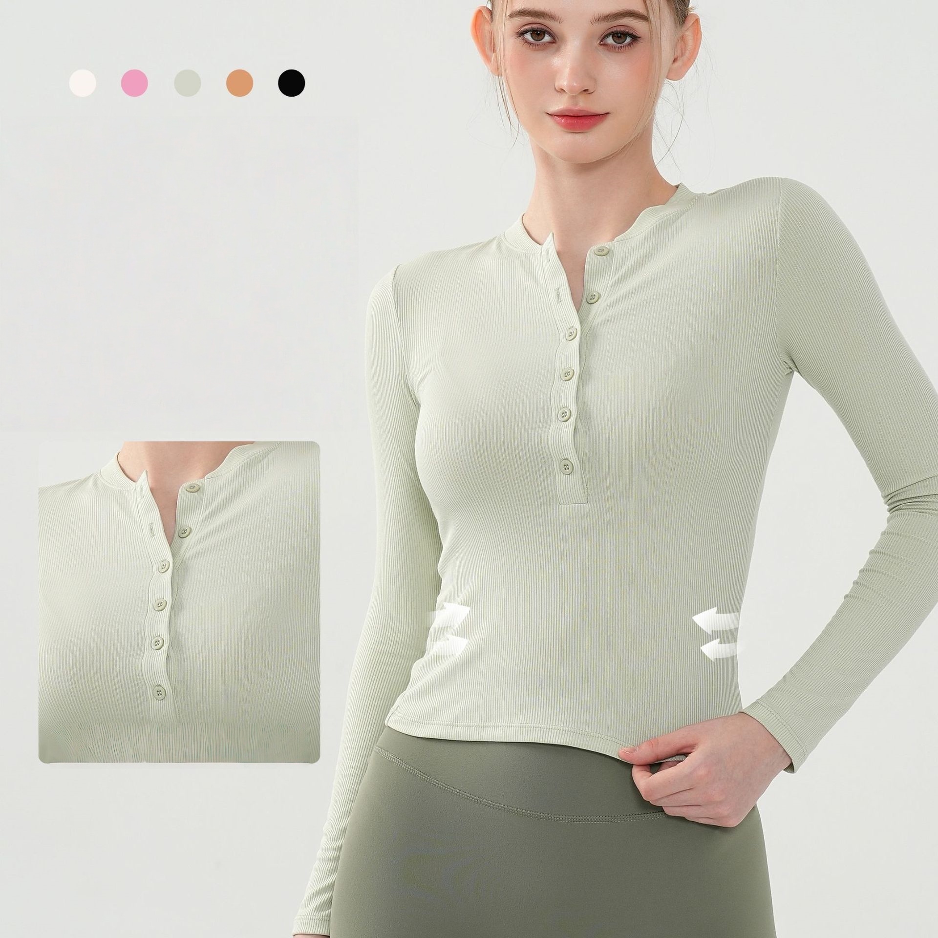 Women's Long-sleeved Crew Neck Open-button Sports Top T-shirt Lightweight High-elasticity Breathable Sportswear For Fitness Yoga