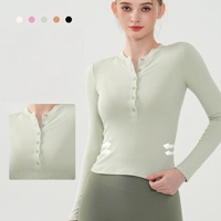 Kaos Olahraga Wanita Lengan Panjang Kerah Bulat Kancing Terbuka Ringan Elastisitas Tinggi Bernapas untuk Kebugaran Yoga