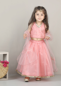 Conjunto de Lehenga Choli sin mangas de tela tejida Titrit con Dupatta - Rosa - Product Image 1