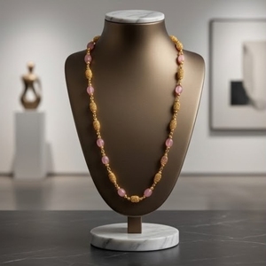 925 Silver Antique Mala <b>Necklace</b> with <b>Pink</b> Beads Lightweight Traditional Ethnic Chain Jewelry for Women Wear - Product Image 3