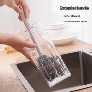 Brosse à long manche en acier inoxydable pour le nettoyage de la cuisine, conception anti-rouille, nettoie les casseroles, les plats, les bocaux et les cuisinières - Product Image 2
