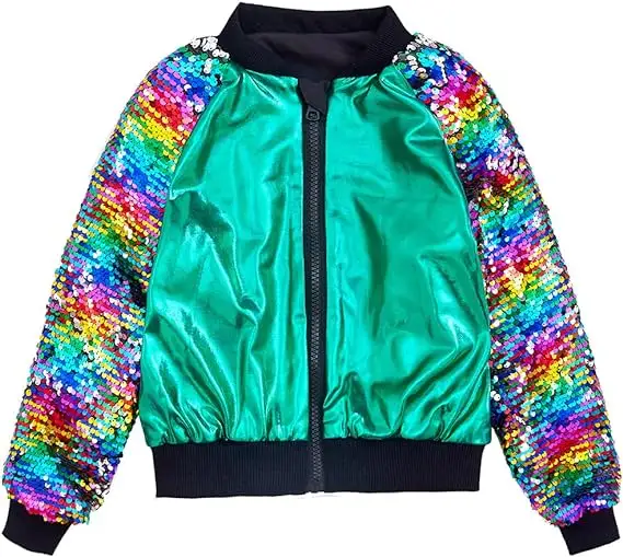 Kunden spezifische Logo Mädchen Flip Pailletten Regenbogen Jacken Kinder Sparkle Outwear Glitter Ärmel Shiny Metallic Mantel für Mädchen