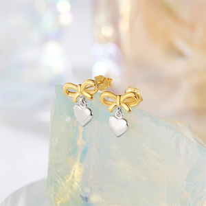 CANNER 2024 Boucles d'oreilles pendantes en argent S925 avec nœud papillon et cœur lisse, boucles d'oreilles clous en ruban doré, bijoux en gros - Product Image 3