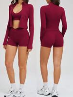 Ensemble décontracté 3 pièces pour femme : veste zippée à manches longues, soutien-gorge et short de yoga personnalisés, respirants, pour le sport en extérieur