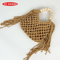 Sac à main bohème en macramé tissé à la main, respirant, avec poignée en perles de bois et pompon, maille ajourée, pour femme, plage, vacances, usage quotidien