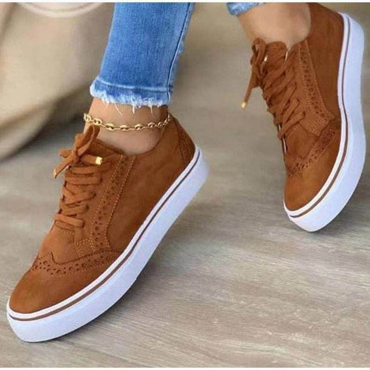 2021 Spring/Summer Women's Round Toe Lace-Up Flat in Large Size Solid Color  Comfortable Casual Running Shoes