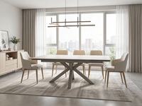 Table à manger extensible élégante finition beige avec pieds croisés en métal élégants pour la salle à manger