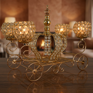 Support de bougie en forme de carrosse en cristal doré, en fer et métal, pour la décoration de mariage et de la maison - Product Image 1