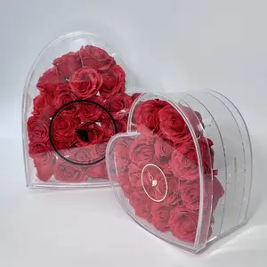 Festivali hediye aksesuarları fantezi kalp şeklinde çiçek ambalaj, akrilik çiçek kutuları güller ve kolye
