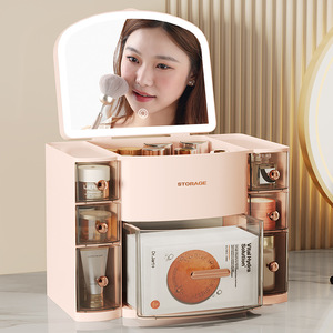 Home Use Cosmetic <b>Storage</b> Box With <b>Mirror</b> And Light Desktop Drawer Type Dustproof Shelf - Product Image 2
