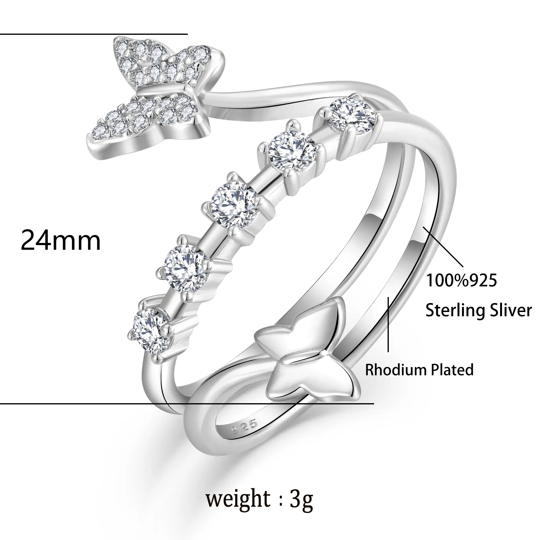 Topkwaliteit Trending Gelaagde Opening Ringen Verstelbare S925 Sterling Zilveren Vlinder Zirkonia Ring