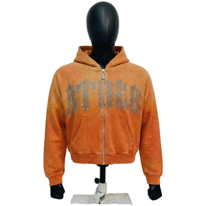 Sweat à capuche zippé personnalisé délavé à l'acide, orné de strass, style streetwear oversize en molleton de coton, mode Y2K, vente en gros - Product Image 1