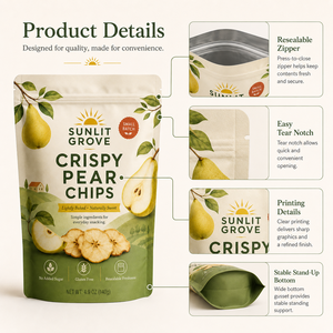 Sachets Doypack mats refermables imprimés, pochettes verticales refermables pour emballage de snacks, idéales pour les chips de <span class=keywords><strong>poire</strong></span> croustillantes et les fruits secs - Product Image 3
