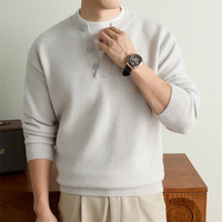 Pull en maille col Henley pour homme, 700G, épais, col en V, manches longues, logo frontal, gris foncé, noir, gris clair