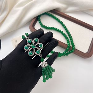 Traditional Chinese Style Green Beaded Necklace Flower Tassel Pendant Long Chain Fashion Jewelry Accessory - Product Image 2