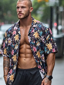 Camicia Hawaiana Casual Retrò con Colletto Cubano, Taglia Grande, Manica Corta, in Poliestere Lavato, Stile Gangsta, Motivo Floreale Colorato, Unisex - Product Image 5