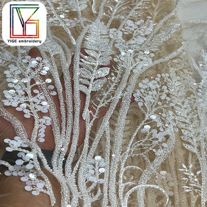 Lüks ağır nakış ile boncuklu pullu gelin tül dantel kumaş afrika düğün için 3D boncuk örgü dantel kumaş akşam elbise - Product Image 5