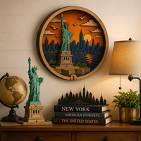 Statue de la Liberté - Ensemble de boîtes à ombres 3D |   Panneaux en contreplaqué peuplier découpés au laser pour suspension et présentation |   Étagère de bureau à domicile New York |   Cadeau personnalisable