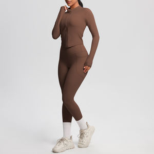 ชุดโยคะสำหรับผู้หญิง เสื้อแขนยาวแห้งเร็วแบบมีซิปขายส่ง พร้อมกางเกงเลกกิ้งออกกำลังกายมีกระเป๋า - Product Image 2