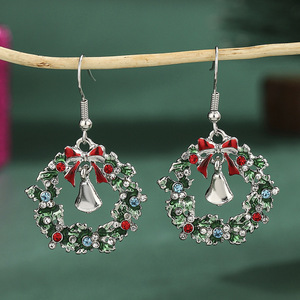 Cross-border Europe and the United States Christmas wreath <b>earrings</b> green diamond <b>earrings</b> rhinestone bell ear <b>hook</b> bow - Product Image 4