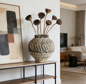 Urne en céramique texturée mate style Wabi Sabi, marron beige, 30 cm de haut, vase rond en argile avec motif superposé brossé à la main, vente en gros - Product Image 5