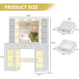Comò in Legno Bianco con Specchio Illuminato e Stazione di Ricarica, Design Contemporaneo Ecologico e Durevole per Camera da Letto delle Ragazze, 3 Modalità di Illuminazione - Product Image 6