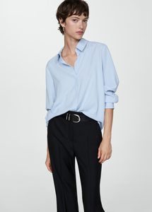 Usine de vêtements Oem personnalisé quantité minimale de commande bas 50 pièces col rabattu bouton caché manches longues bleu clair femmes Blouse hauts chemise - Product Image 4