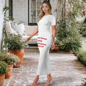 Vestido de manga corta personalizado de longitud delgada para mujer Vestidos largos con estampado de logotipo gráfico Mujeres <span class=keywords><strong>Maxi</strong></span> Casual Damas Productos al por mayor - Product Image 4