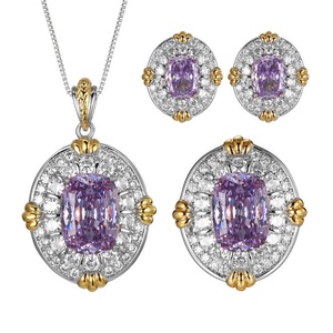 Parure de bijoux vintage écologique en cuivre et zircon violet plaqué or, avec collier et boucles d'oreilles en zircon cubique 10*14-6*8mm pour femme - Product Image 1